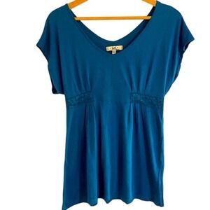 L.E.I. Y2K Boho Indie Flowy Fairy Core Empire Waist Lace Top Large Teal Blue